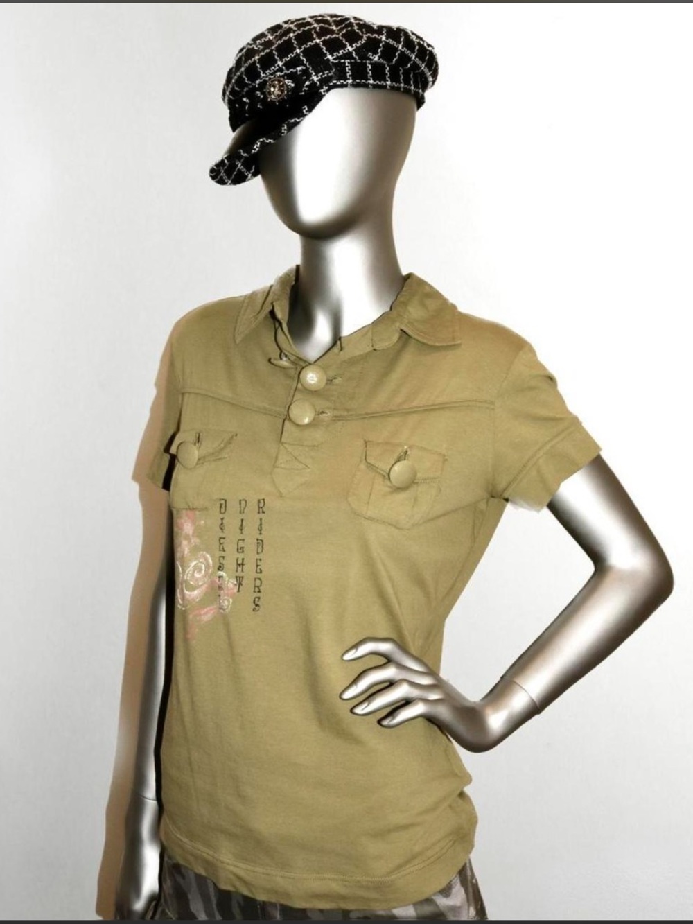 Diesel Olive Green T-shirt buttoned Polo Top w Graphics size L